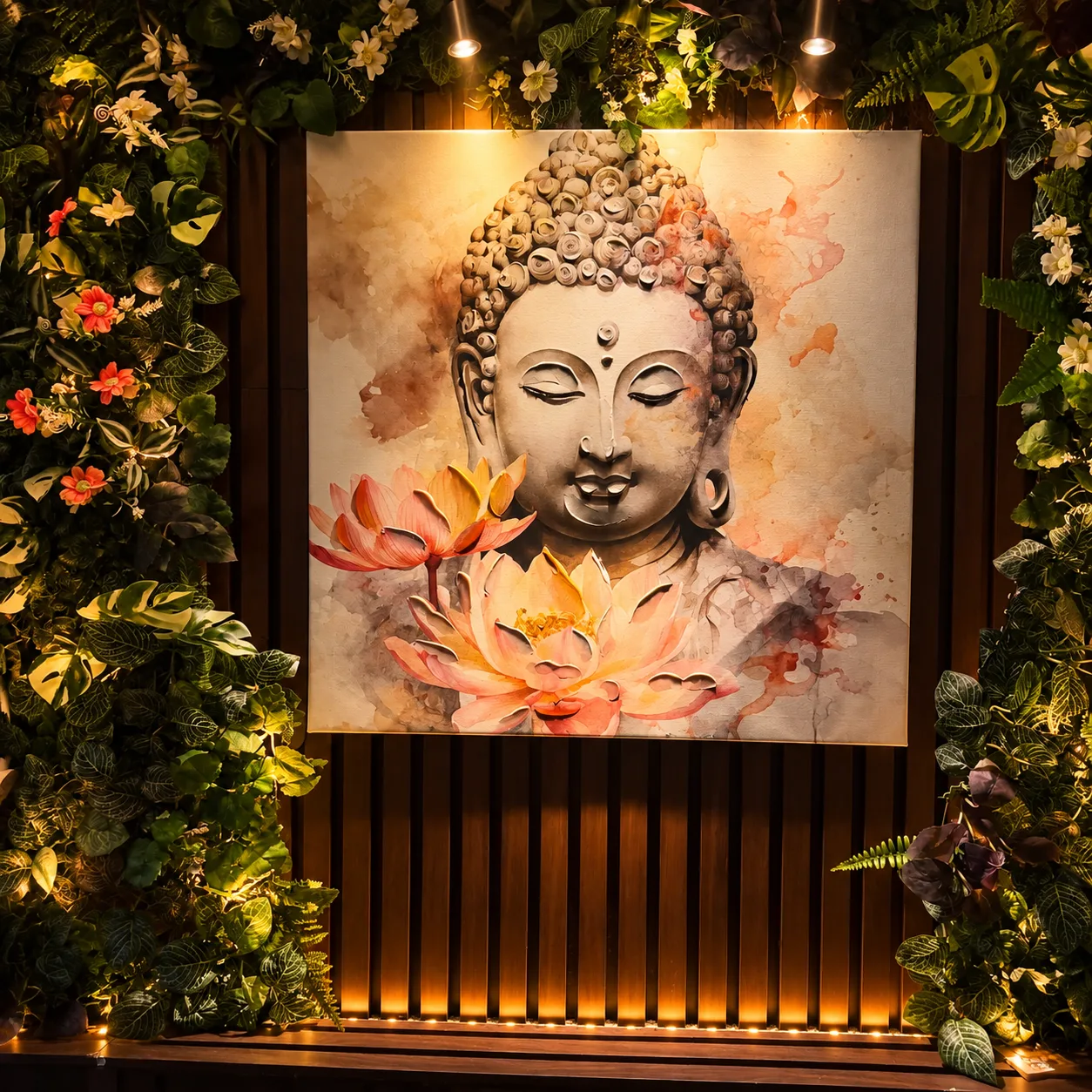 Buddha-målning med lotusblommor omgiven av växter och varmt ljus i salongen