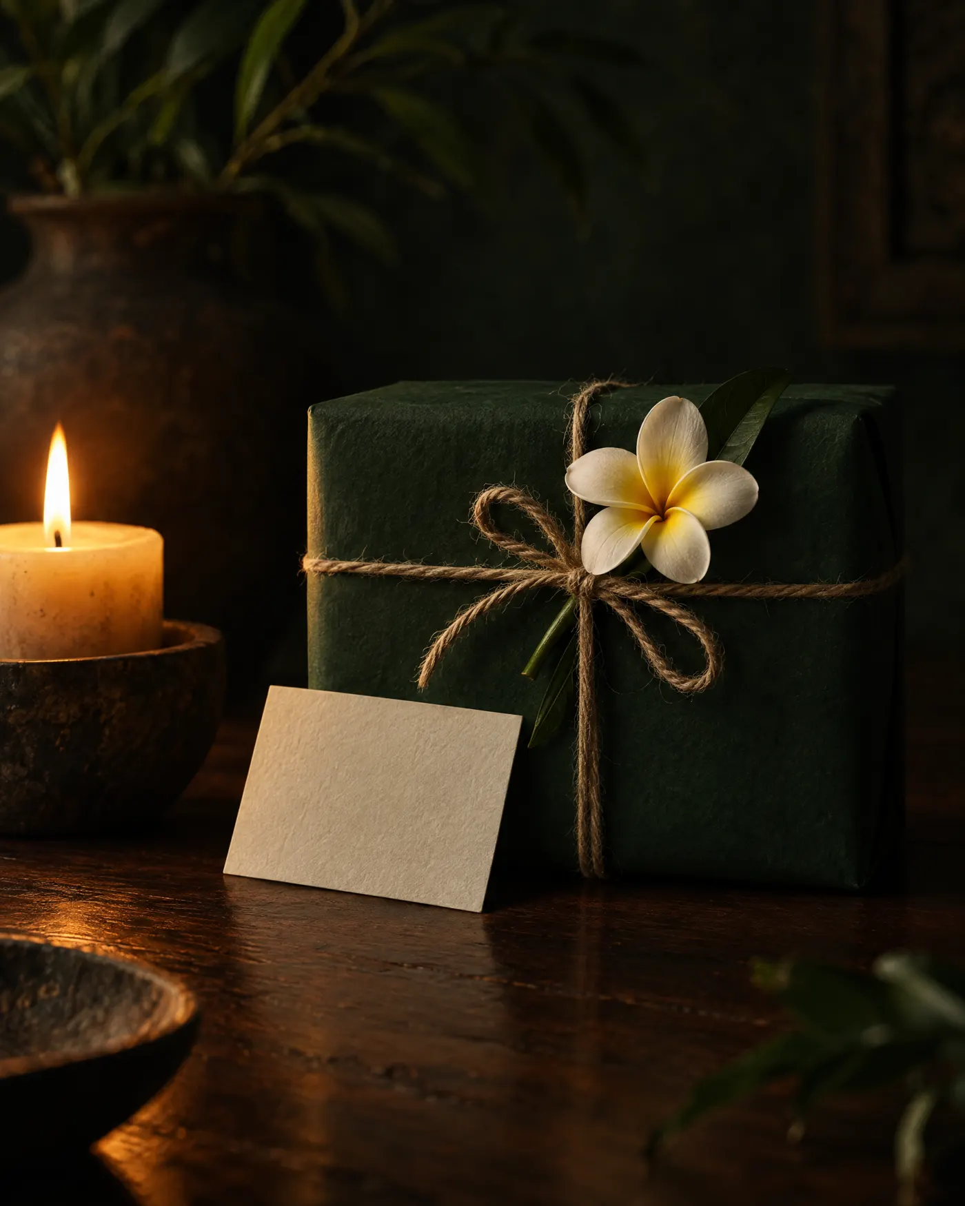 Grönt inslaget paket med snöre och en frangipaniblomma bredvid ett levande ljus